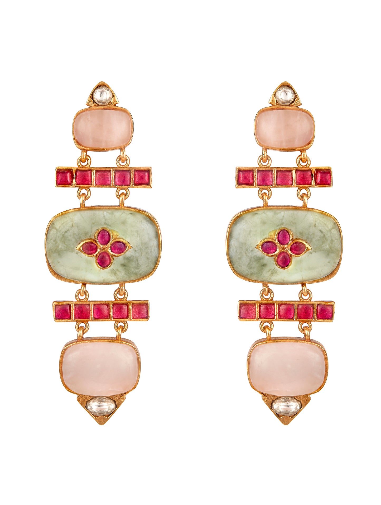 Dangler Earrings in gold with Mosanite kundan polki, Synthetic Ruby, Natural Rose quartz and jade