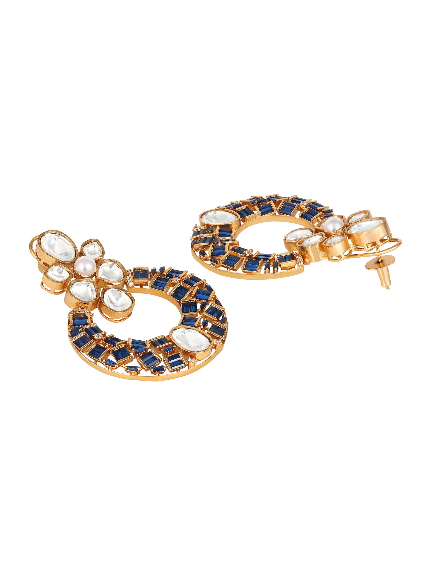 Blue & Gold Kundan Polki Chaandbali Earrings