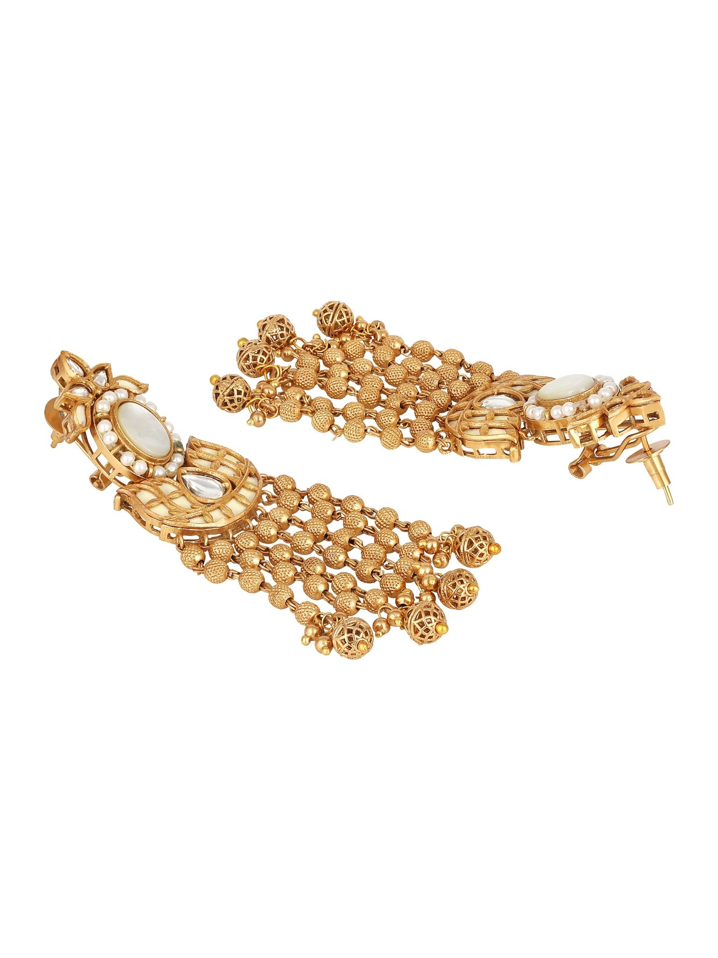 Dangler Earring in gold polished brass with Kundan Polki, Pearls, Mother of Pearl & Enamel