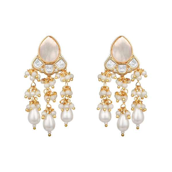 Danglers in gold tone brass with Shell Pearl, Mother Of Pearl, Moissanite Kundan Polki