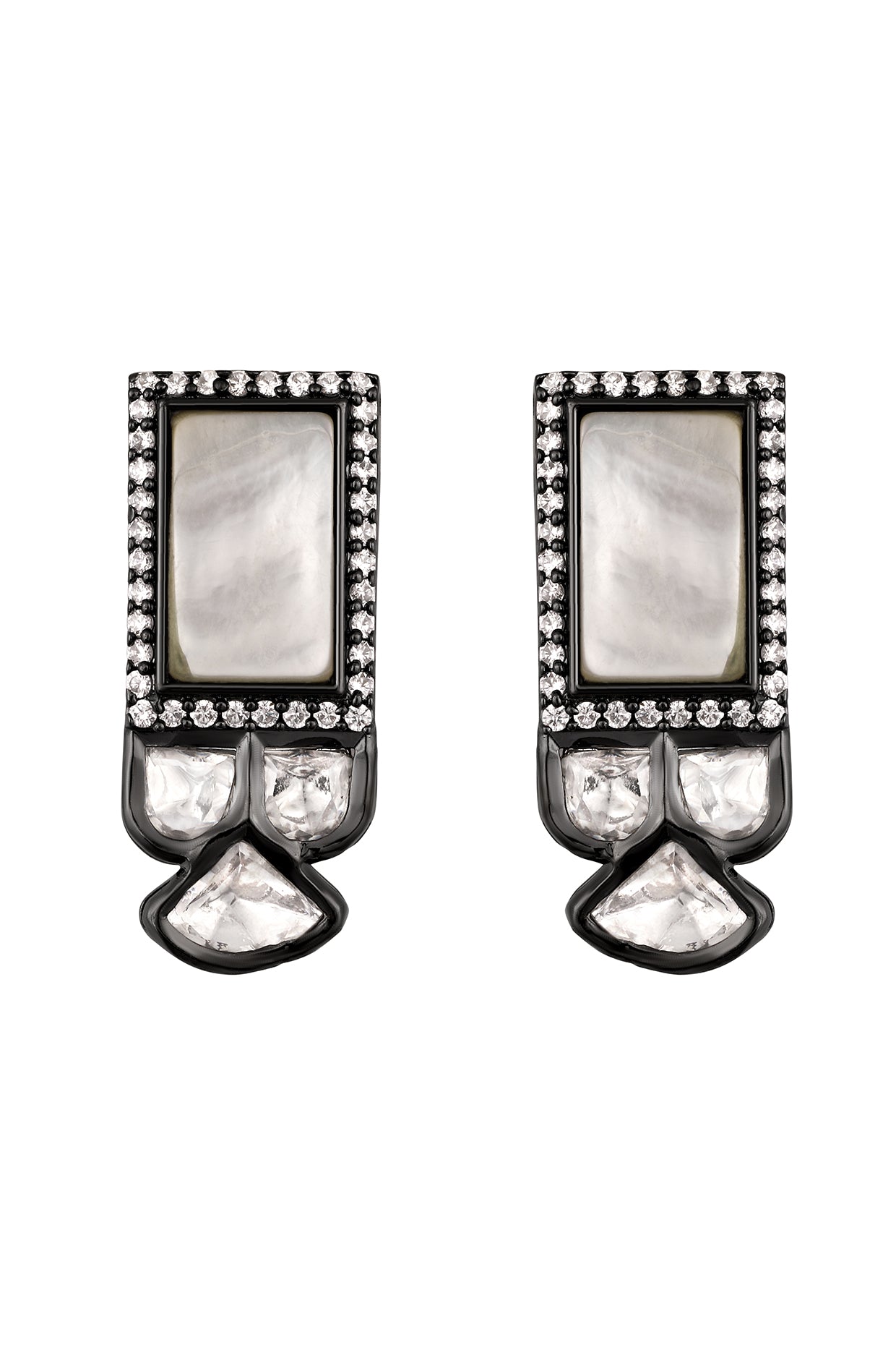 Studs in silver tone brass with Mother Of Pearl, Cubic Zirconia, Kundan Polki