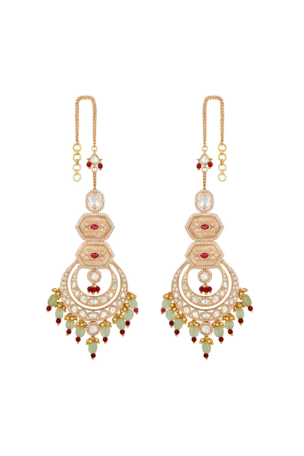 Chandbali With Attached Ear Chain in gold tone brass with Kundan Polki, Zircon Diamond, Enamel, Tumble, Agate, Gold Micro Balls, Synthetic Ruby Have Been Used