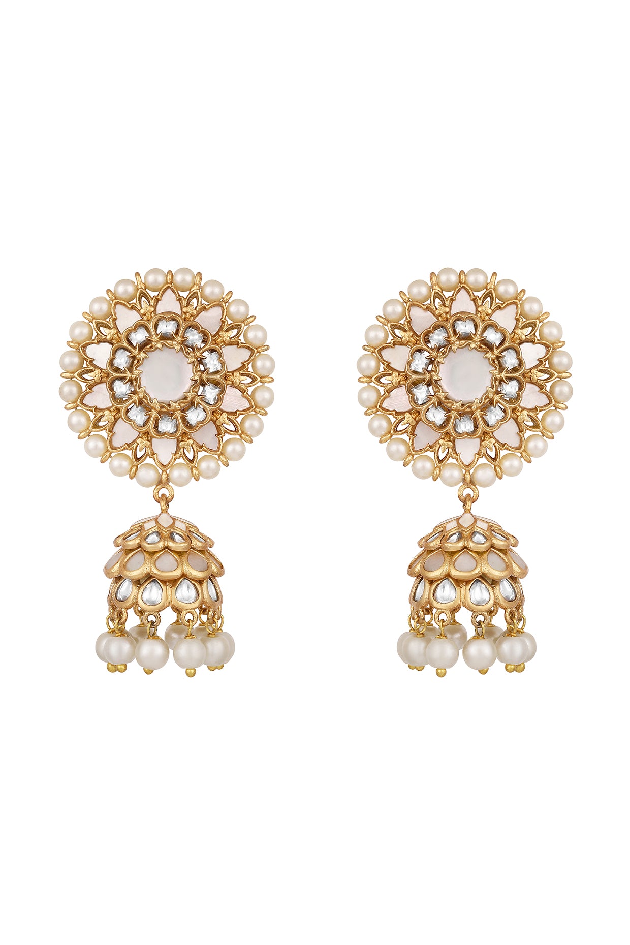 Dangler Jhumki in gold tone brass with Pearls, Kundan Polki, Mother Of Pearl, Have Been Used