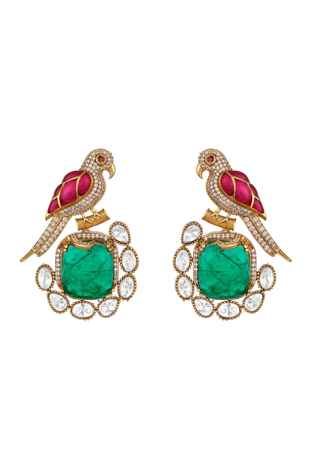 Danglers in gold tone brass with Zircon Diamond, Kundan Polki, Enamel, Synthetic Emerald, Have Been Used
