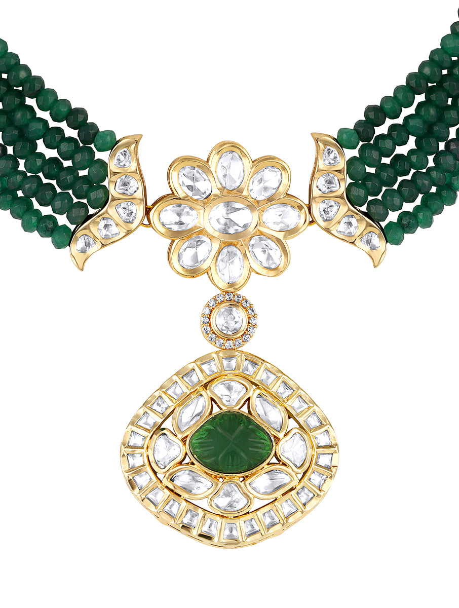 Choker in gold with Micron gold polish brass,moissanite kundan polki, cz diamond , enamelled emerald , Agate,Pearl