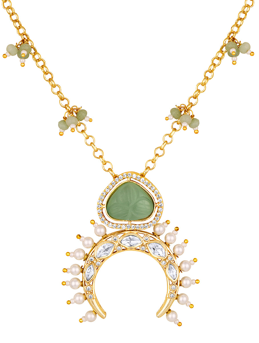 Long Necklace in gold with Micron gold polish brass, carved onyx, agates, pearls, moissanite kundan polki, cz diamond