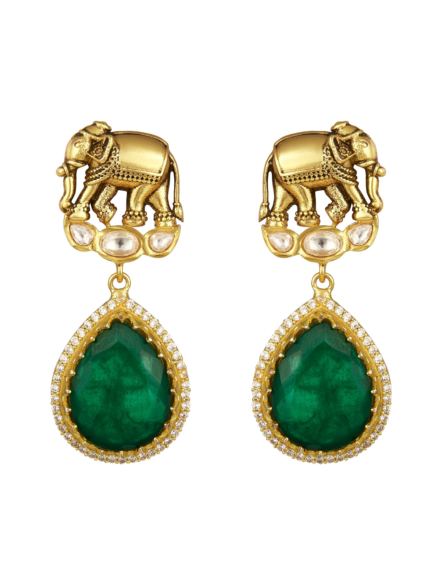 Necklace Set in gold with Alloy , Polki Kundan ,Semi Precious BeadsMicron Gold Polished Brass with dual tone polish along with blemishes of oxidesed polish with mosanite kundan polki. onyx tumbles. synthetic emerald