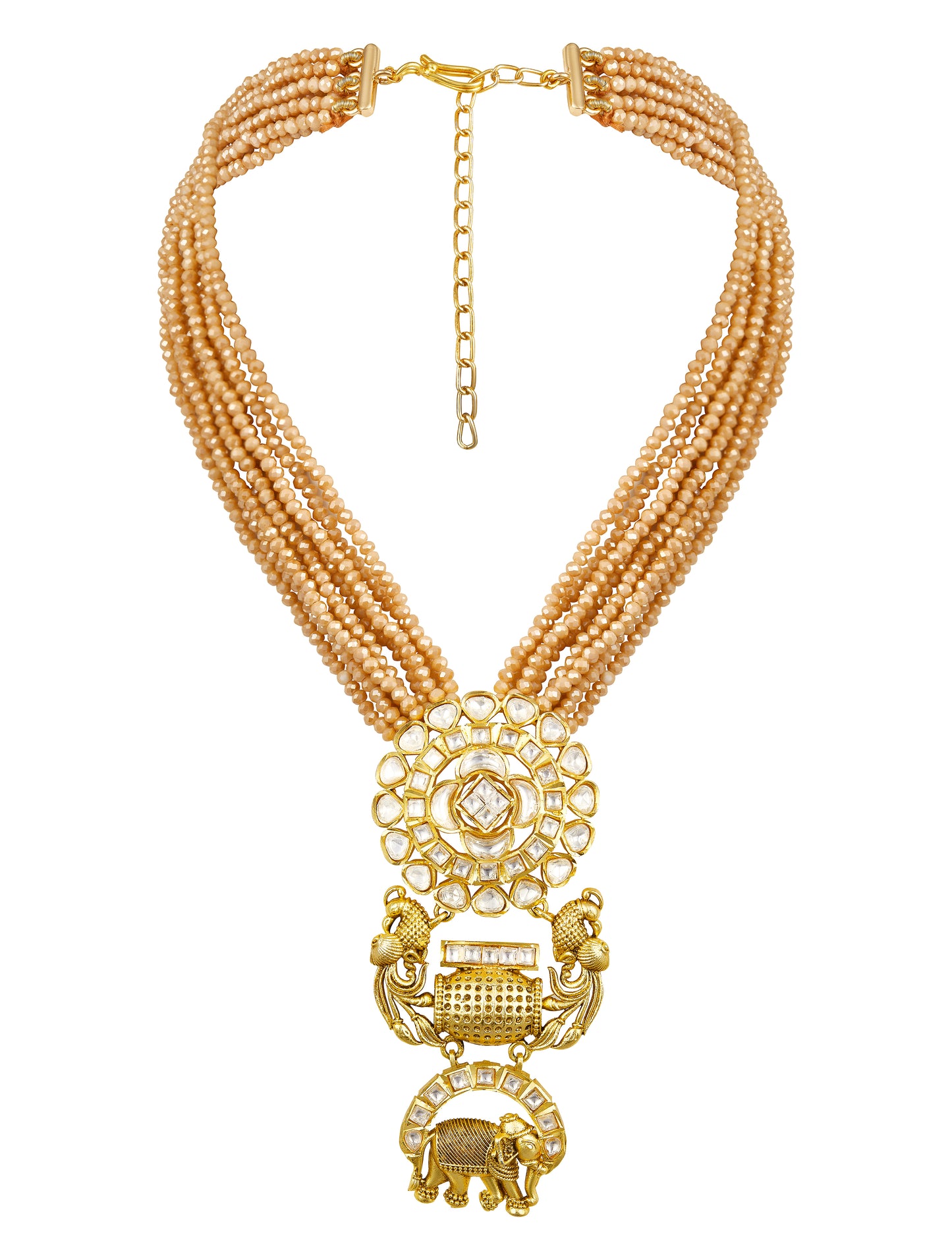 Necklace Set in gold with Micron Gold Polished Brass with blemishes of oxidised polish with mosanite kundan polki. Italian Crystals