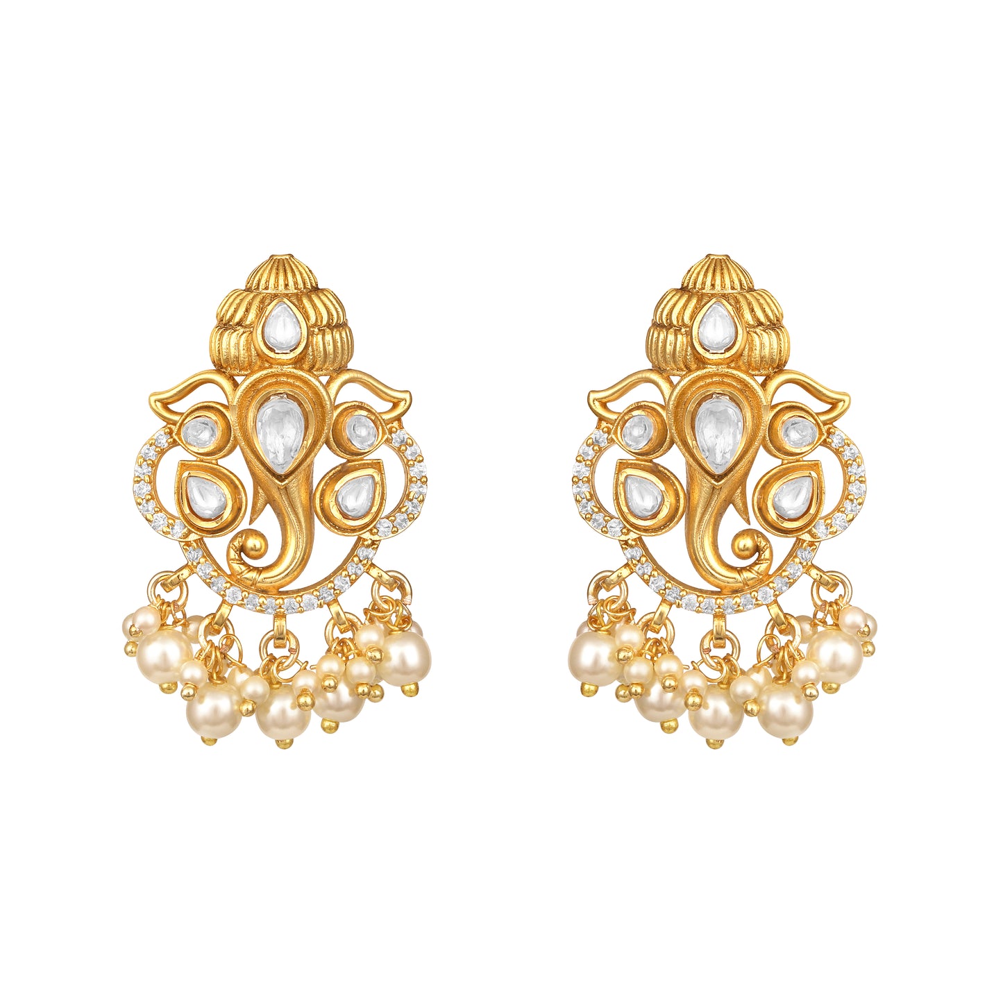 Necklace in gold tone brass with Shell Pearl, Moissanite Kundan Polki, Cubic Zirconia