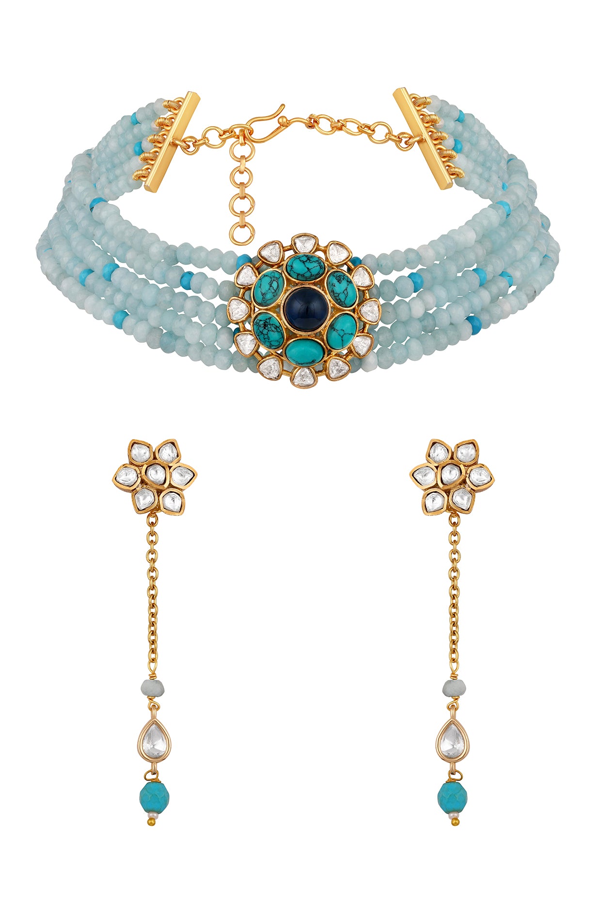 Dog Collar Choker in gold tone brass with Agate, Kundan Polki, Micron Gold Polish Brass, Blue Tourmalin