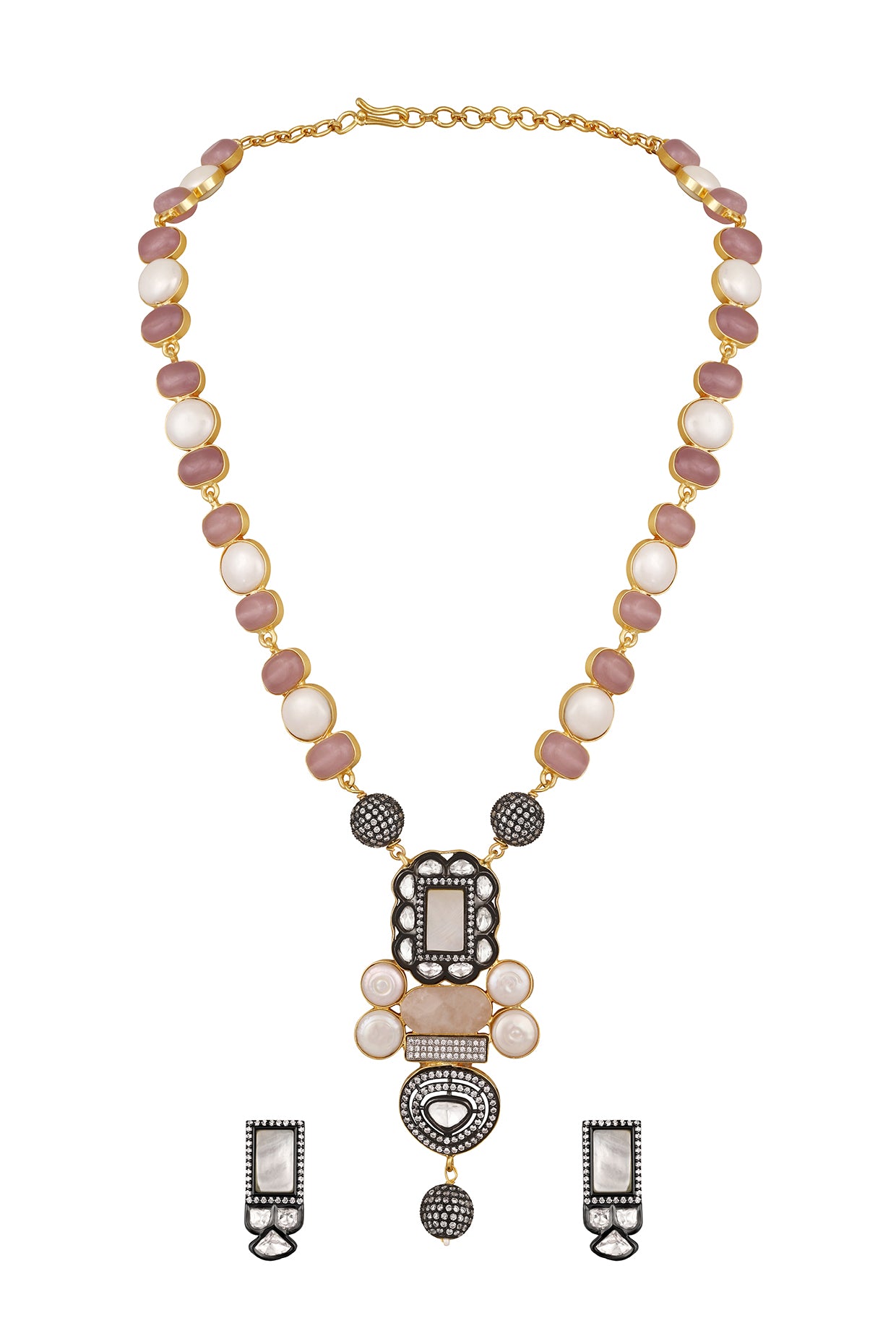 Short Necklace in dual tone brass with Tumble, Shell Pearl, Cubic Zirconia, Mother Of Pearl, Diamond Ball, Synthetic Rose Quartz, Mgpb
