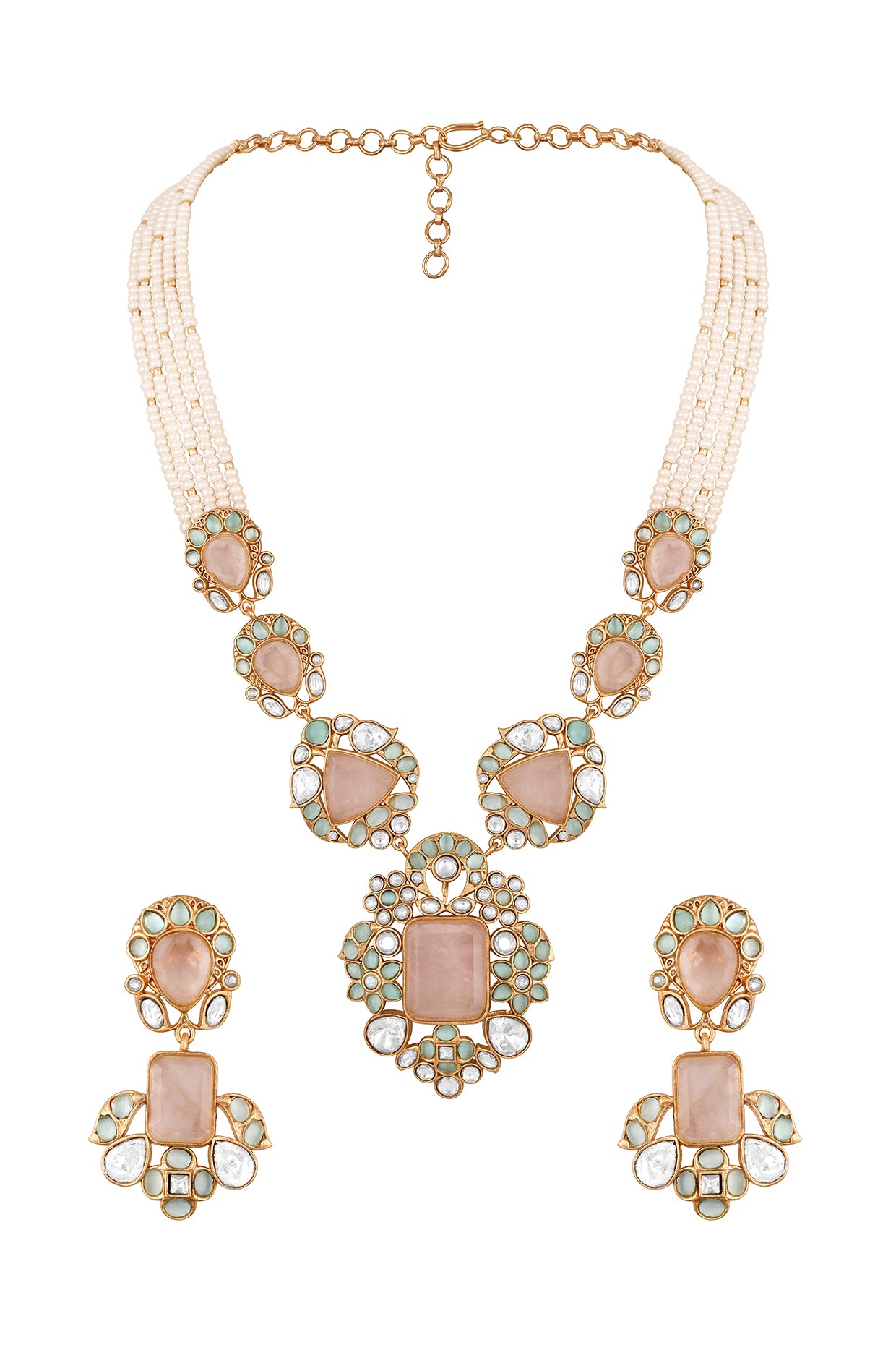 Long Necklace in gold tone brass with Kundan Polki, Rose Quartz Mint Stones, Pearls, Gold Micro Balls, Have Been Used