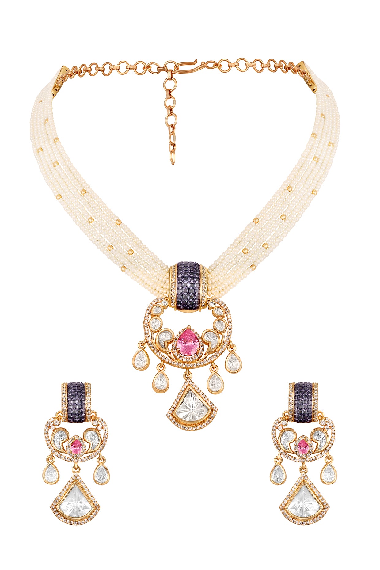 Short Necklace in gold tone brass with Mgpb, Mossonite Kundan Polki, Cubic Zirconia, Kidiya, Gold Micron Balls, Synthetic Stone