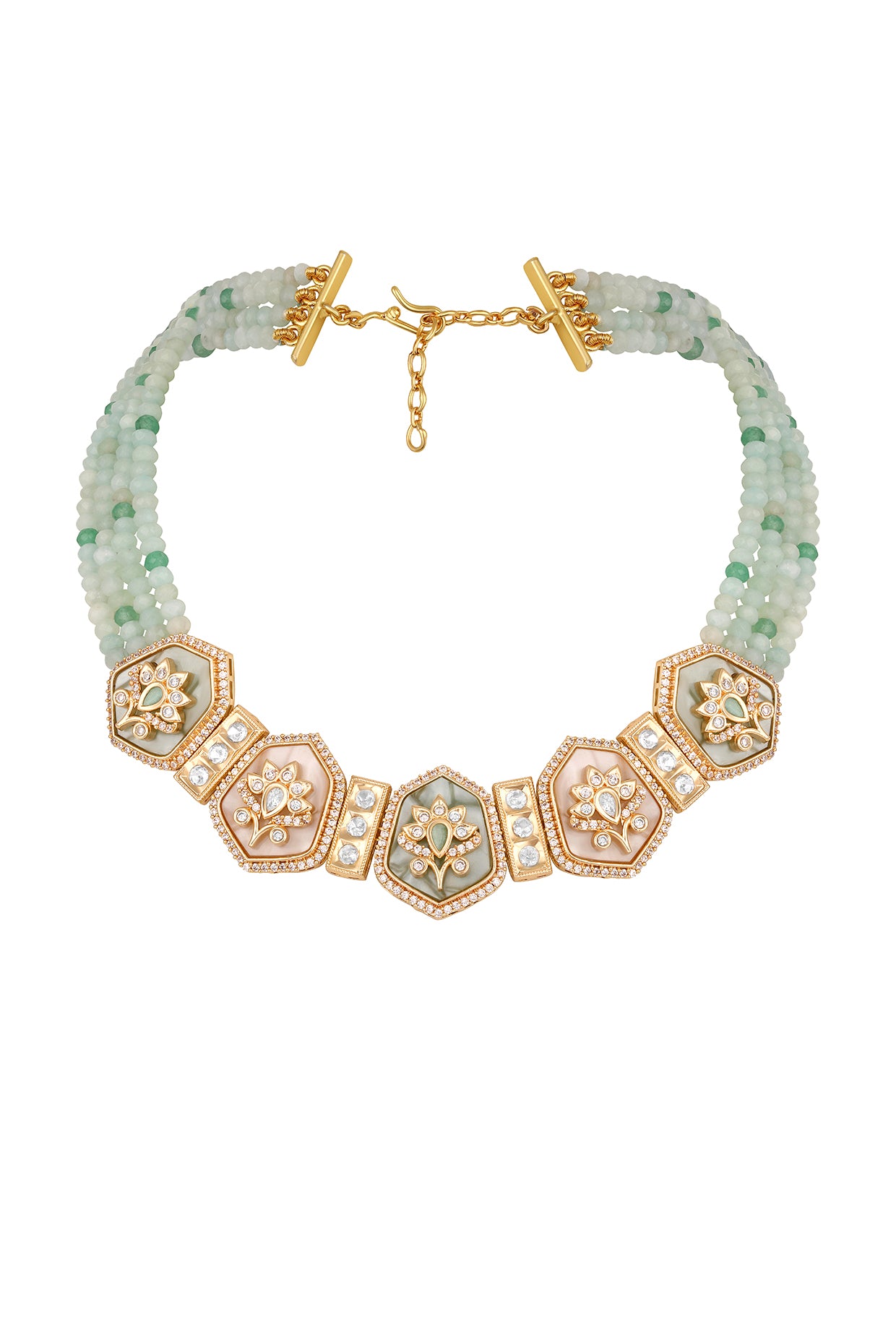 Choker in gold tone brass with Kundan Polki, Zircone Diamond, Enamel Stone, Agates Have Been Used