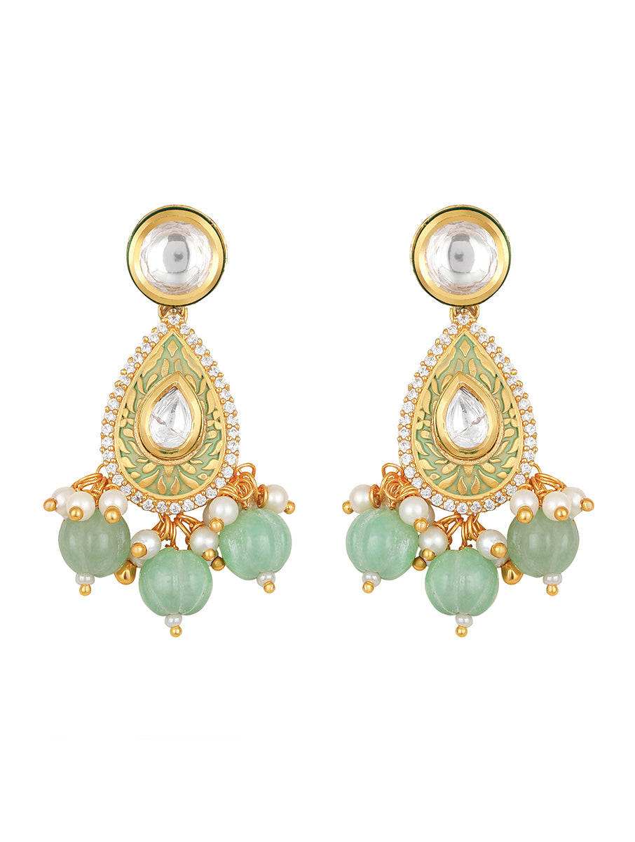 Earring with Gold polished brass, ,Mint Green Kundan Polki, Pearls & Onyx tumble