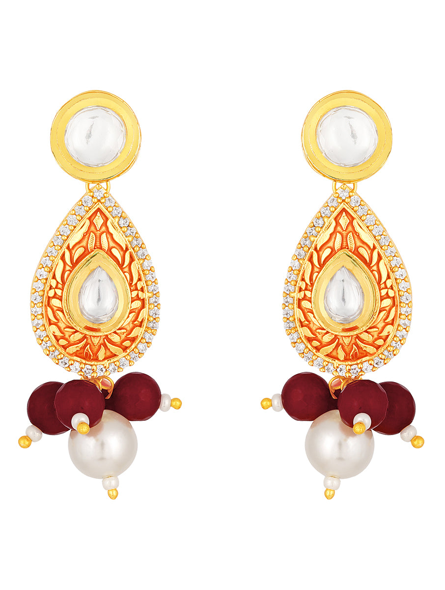 Golden polished brass Earring with, , Kundan Polki, Shell Pearls & Agate