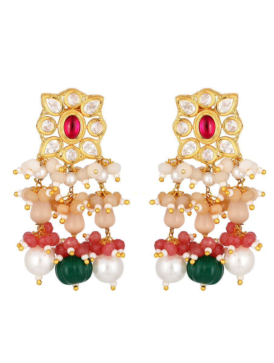 Golden polished brass Earring with, Shell Pearls, Agate,& Green Onyx Watermelon Tumbles
