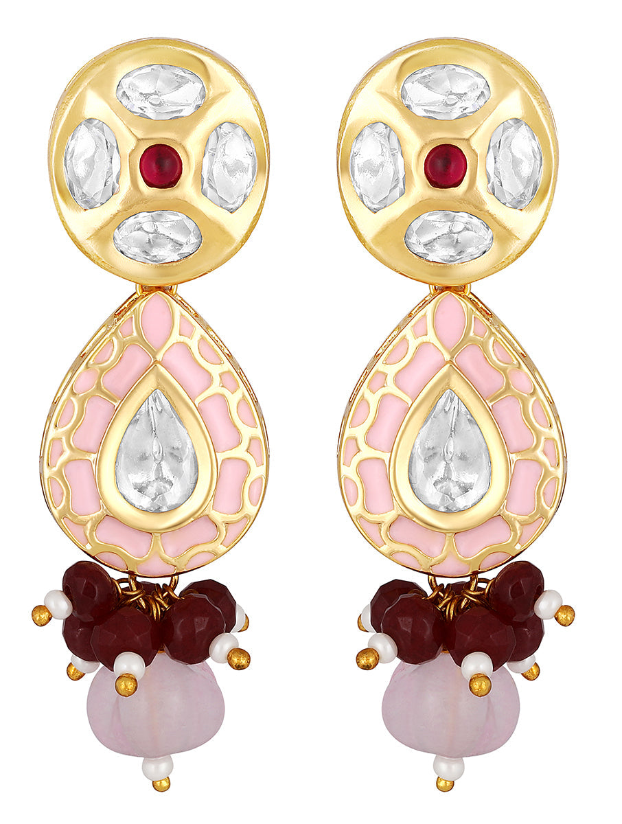 Earring with gold polished brass, , Kundan Polki, meena handpainted work & onyx watermelon tumbles Agates