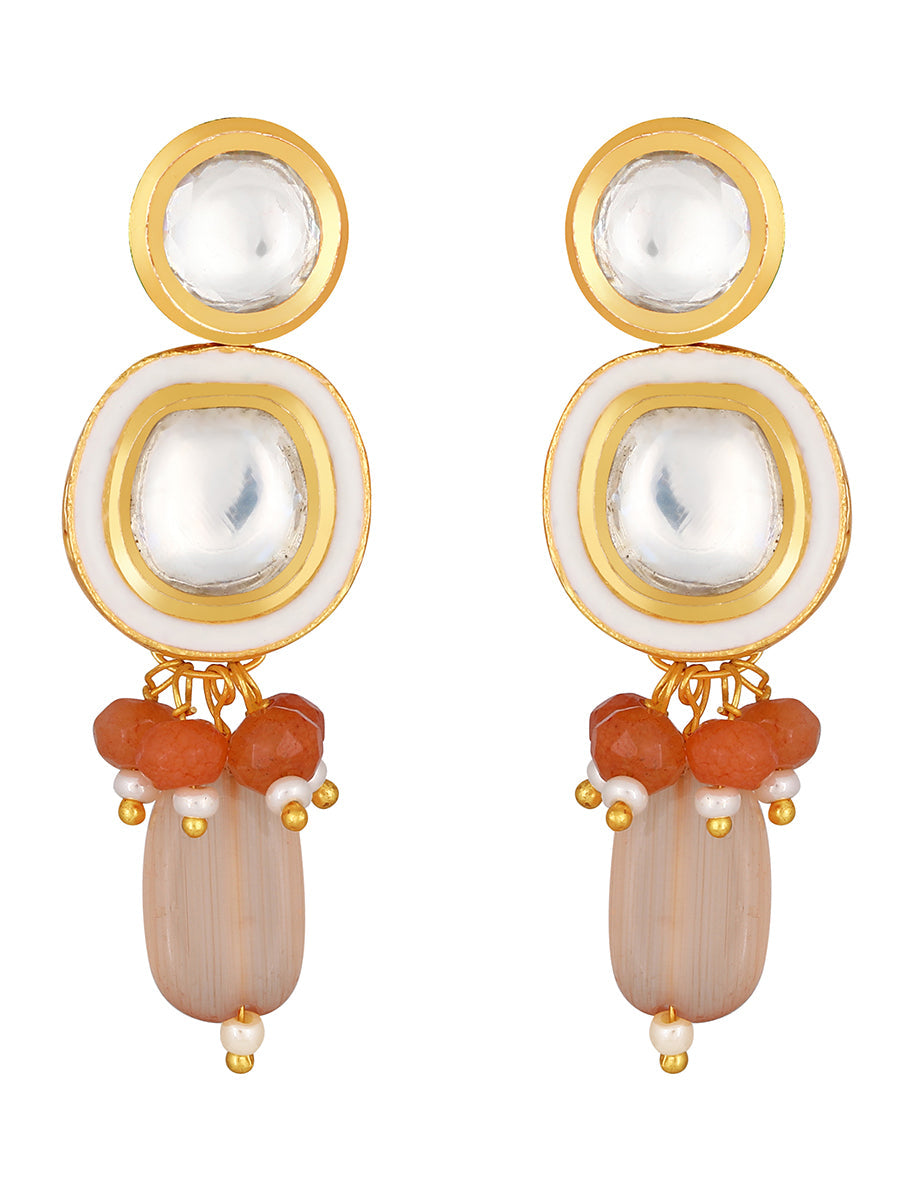 Earring with gold polished brass, Kundan Polki, Agate,Tumble, Agate & Meena work