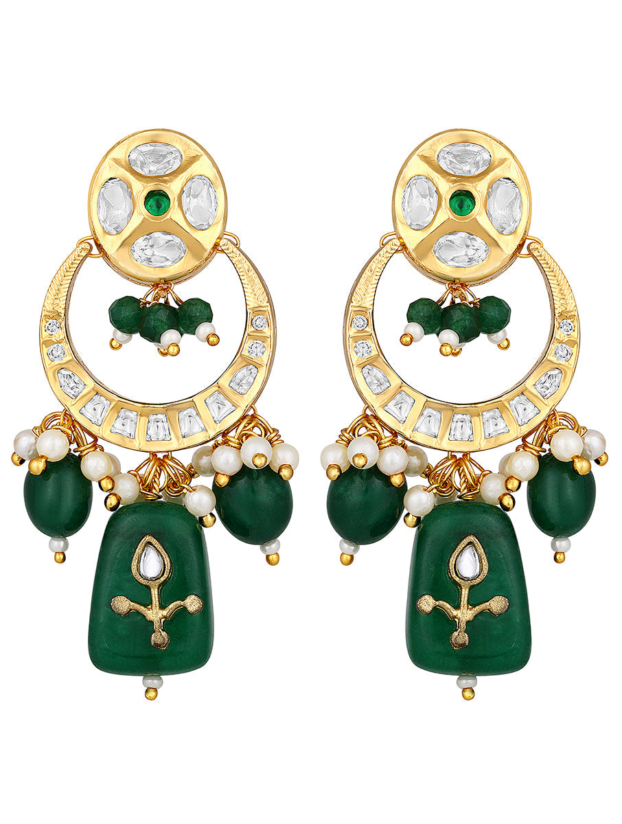 Golden polished Earring with Kundan Polki, Agate tumbles