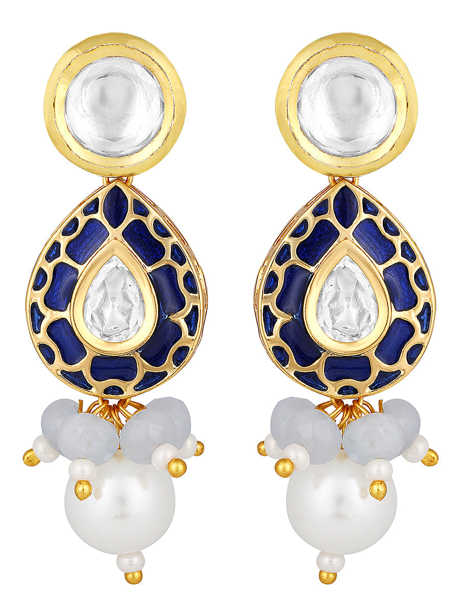 Designer Earring with Gold polished brass, Kundan Polki, Hand Painted Meena & Shell pearls