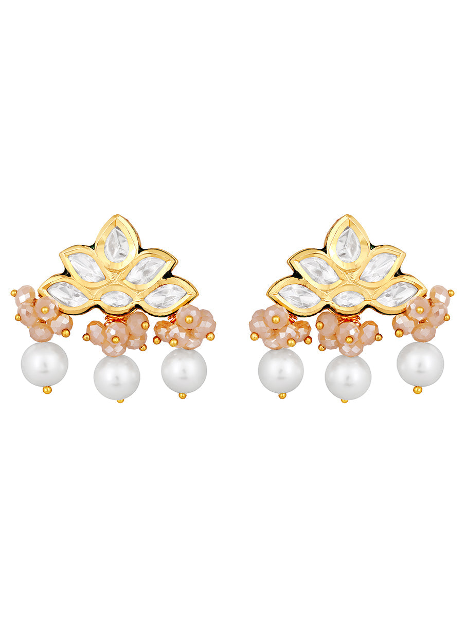 Designer Earring with gold polished brass, Kundan Polki, Shell Pearls & Italian Crystal