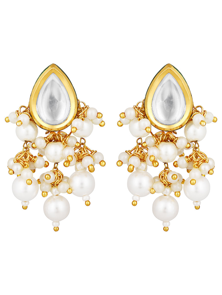 Earring Designed with gold Finished brass, Kundan Polki & Shell Pearls.