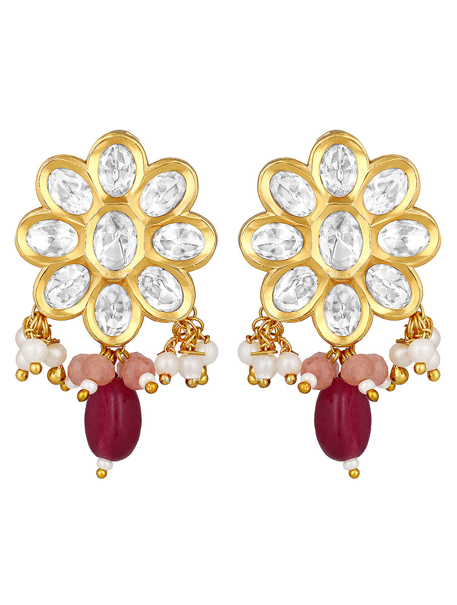 Earring designed in gold polished brass,Kundan Polki & Agate tumbles,Agates