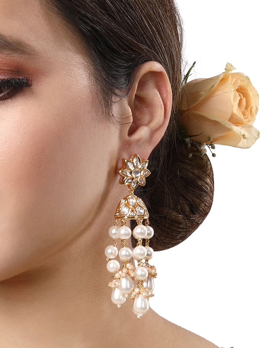 Earring designed in gold finished brass, Kundan Polki, Shell Pearls & Italian Crystal
