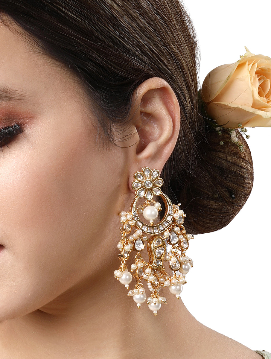 Earring designed in gold Finished brass, Kundan Polki & Shell Pearls