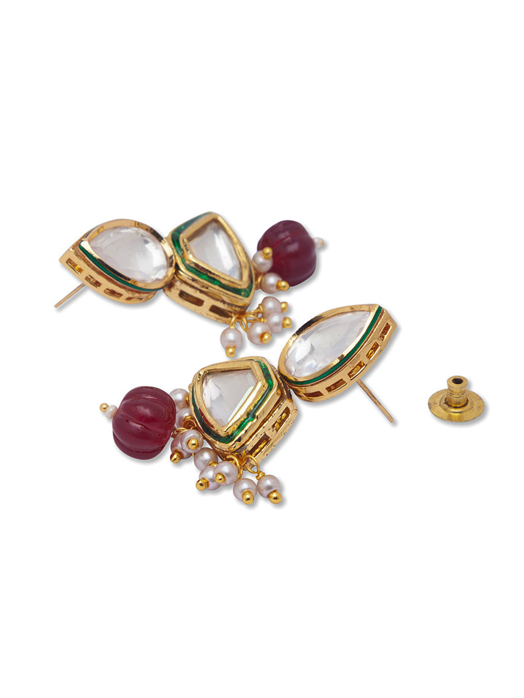 Earring with Gold Polish Brass, Golden Kundan Polki, & Maroon Onyx Watermelon Shaped Tumble