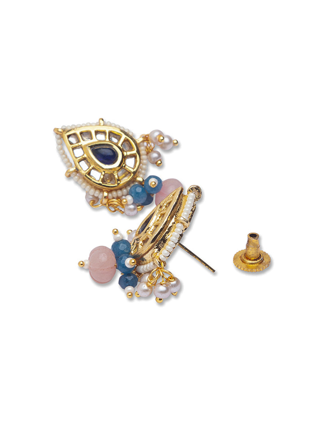 Gold Polish Brass Earring with Blue Kundan Polki, Agates & Light pink Onyx Watermelon Shaped Tumbles