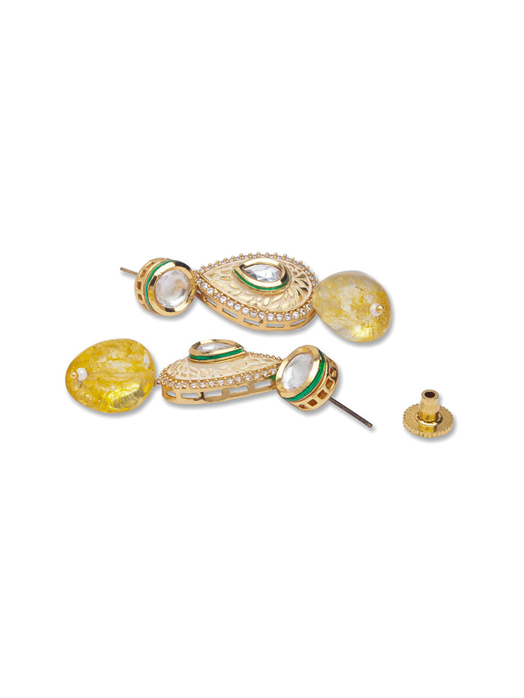 Golden Polished Brass Earring with Cream color Kundan Polki & Yellow Onyx Tumbles, Meenakari