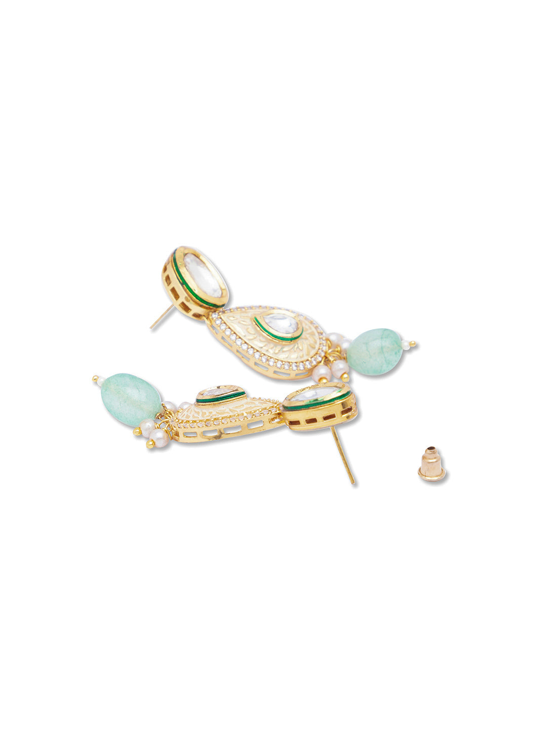 Earring with Gold Polish Brass, Creme color Kundan Polki, Agates & Mint Green Onyx Tumbles, Meenakari