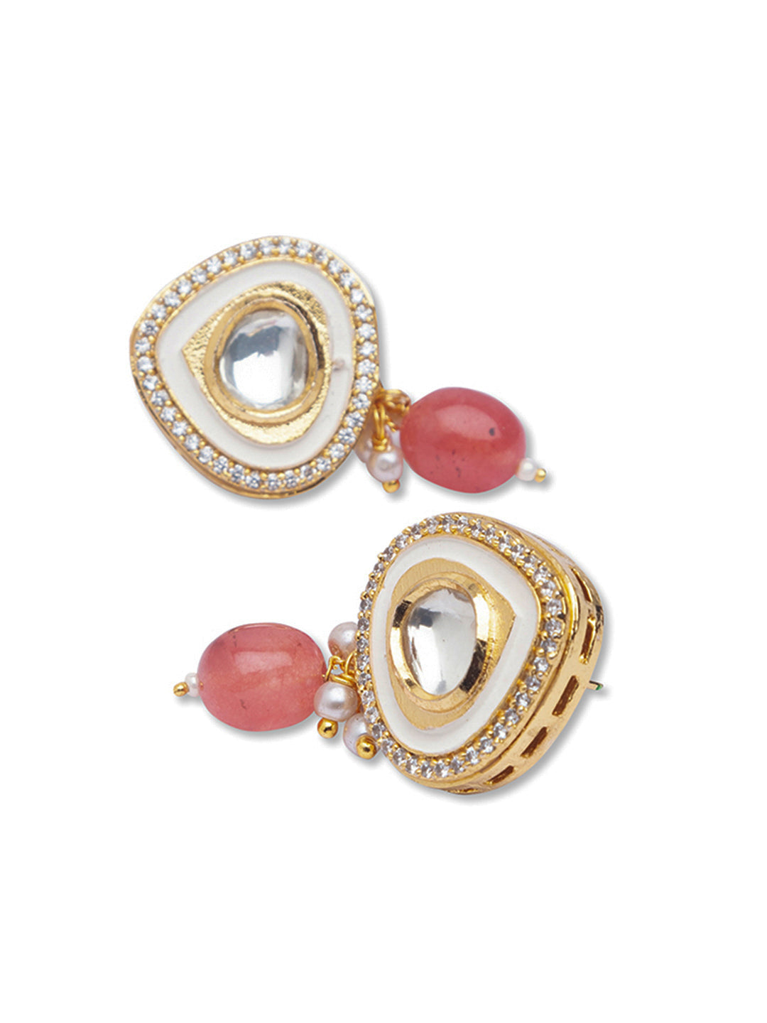 Gold Polish Brass Earring with Golden & Creme Kundan Polki, Tomato Onyx Tumbles
