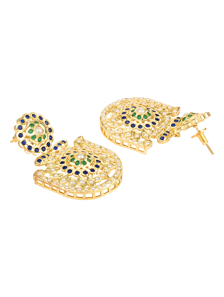 Earring with polished brass in Golden, Kundan Polki, Pearls, Golden Coloured Polki Stones