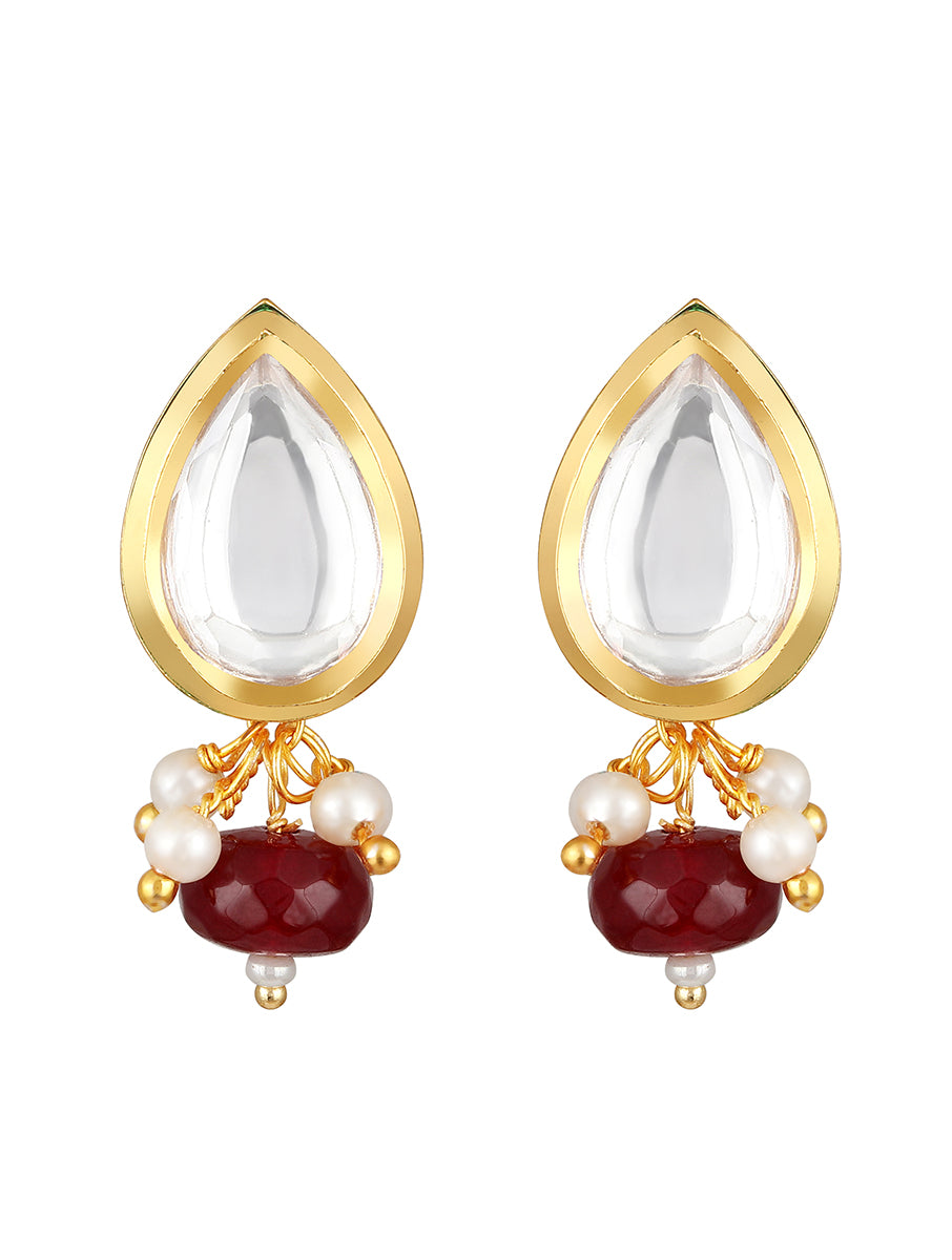 Golden polished Earring with, Red Kundan Polki, Pearls & Agate