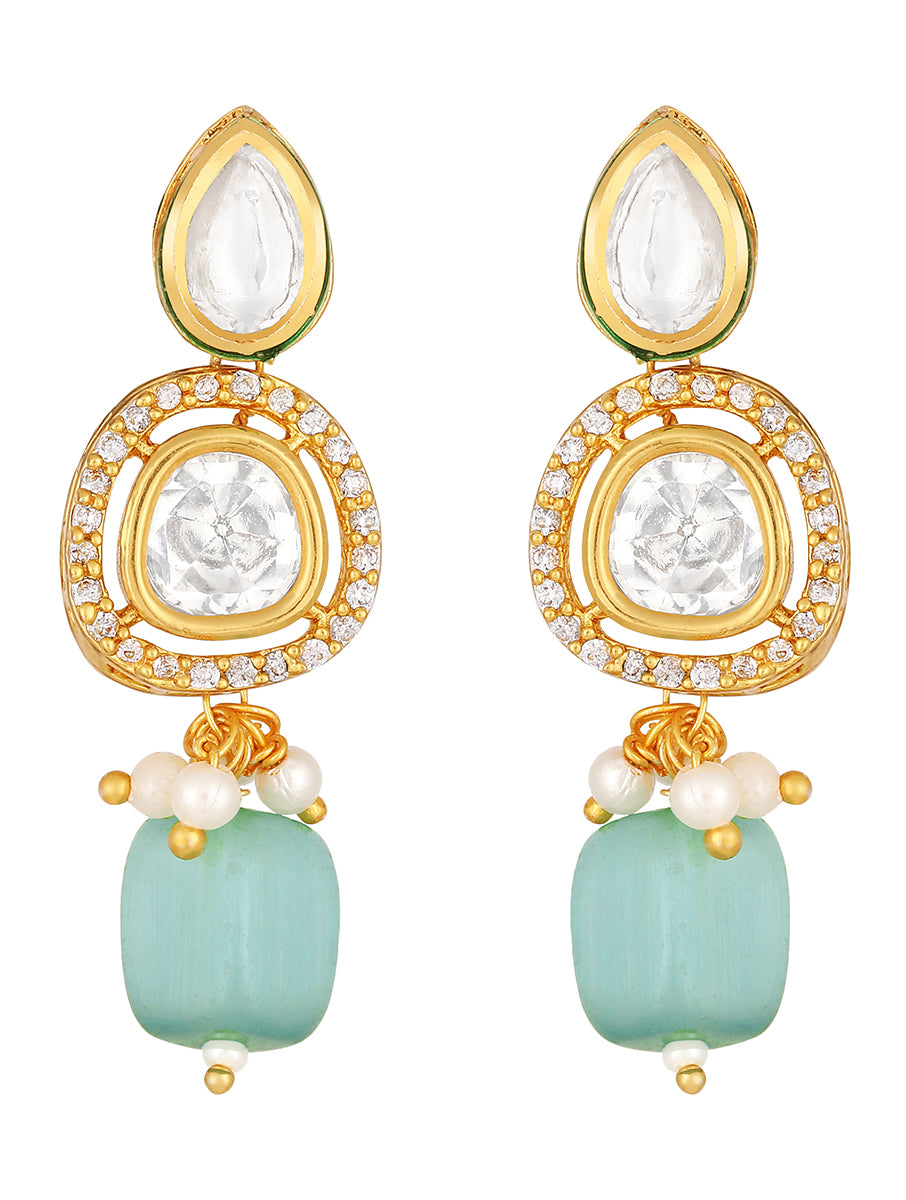 Golden polished brass Earring with, , Kundan Polki, Pearls & Cream Onyx tumble