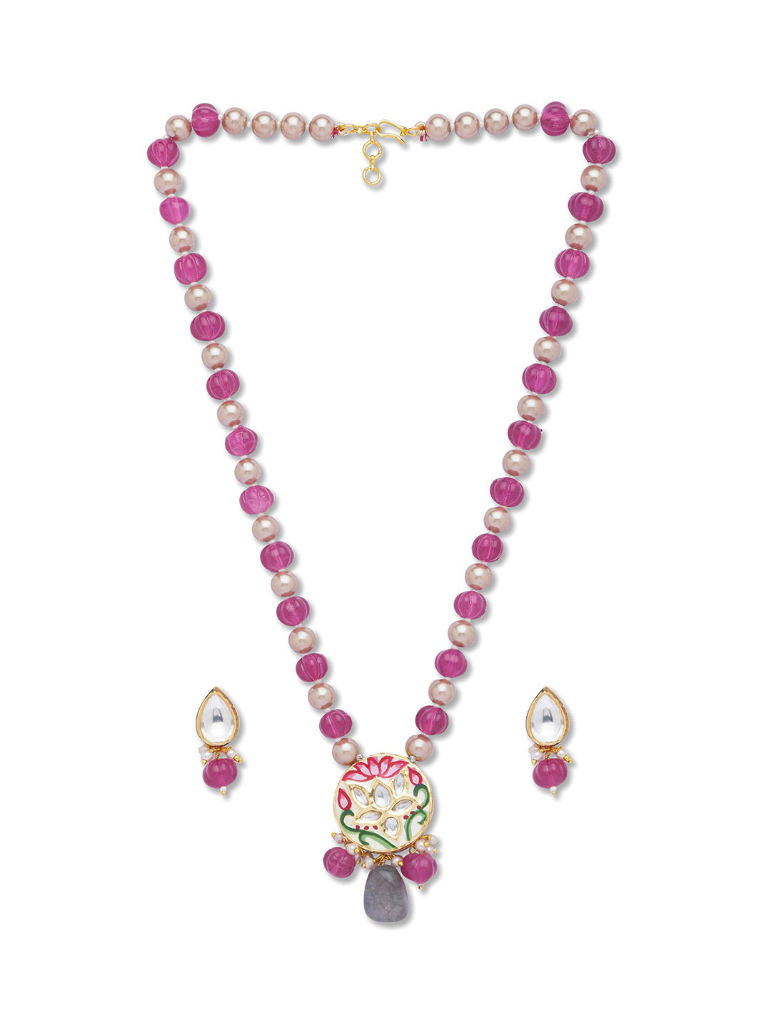 Golden Polished Brass Necklace with Shell Pearls & Cherry Carved Onyx tumbles