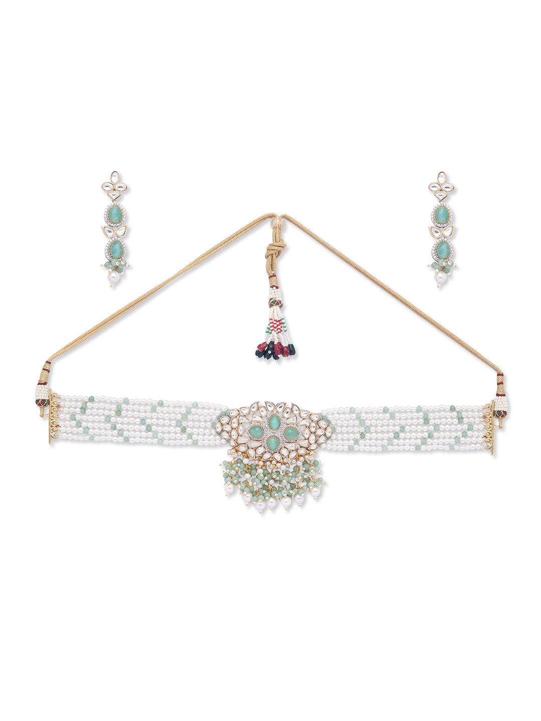 Gold Polish Necklace with White Shell Pearls & Mint green Agates