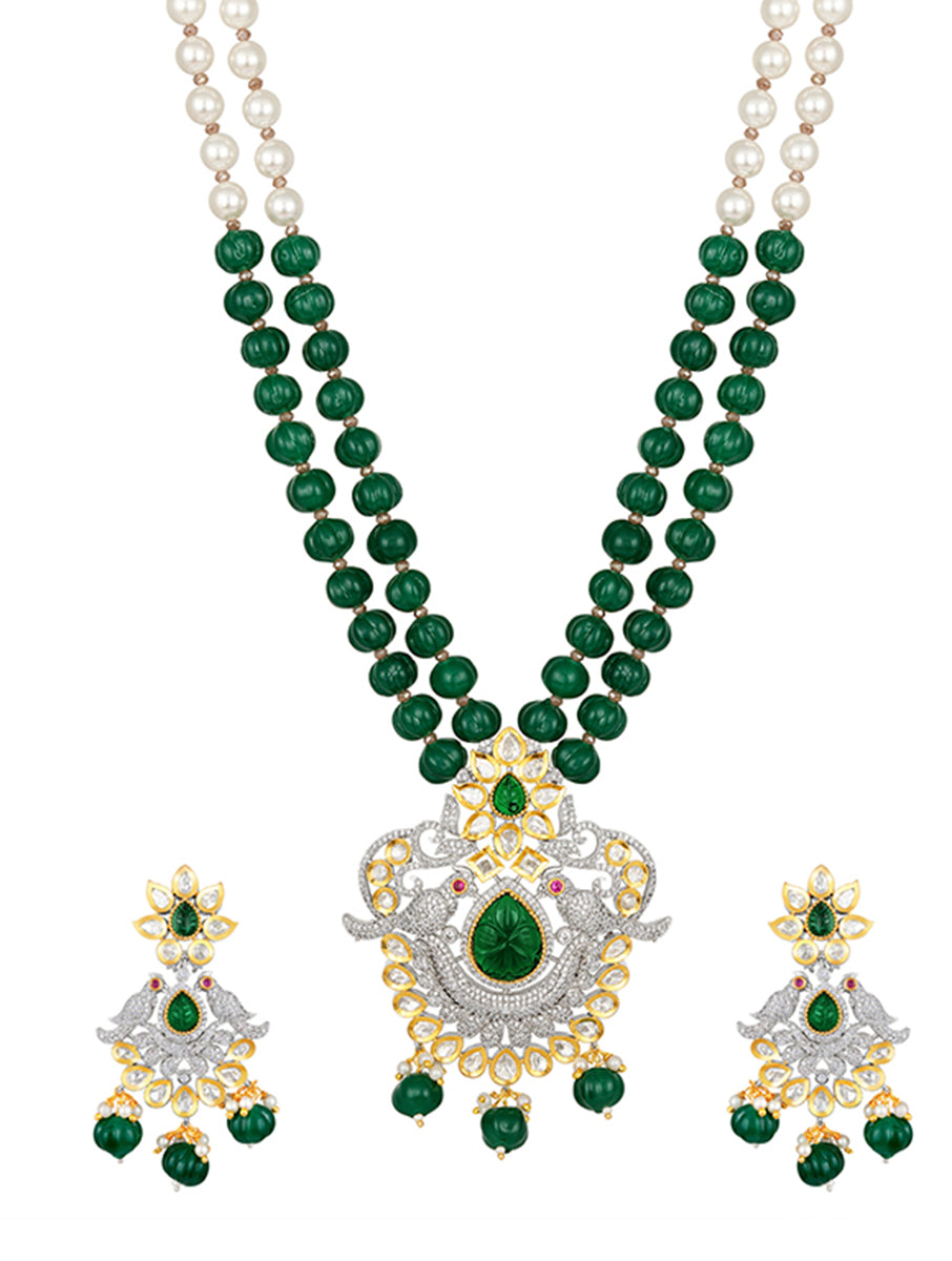 Golden polished brass Necklace with Kundan work in Green, Onyx watermelon tumbles, Shell & Pearls