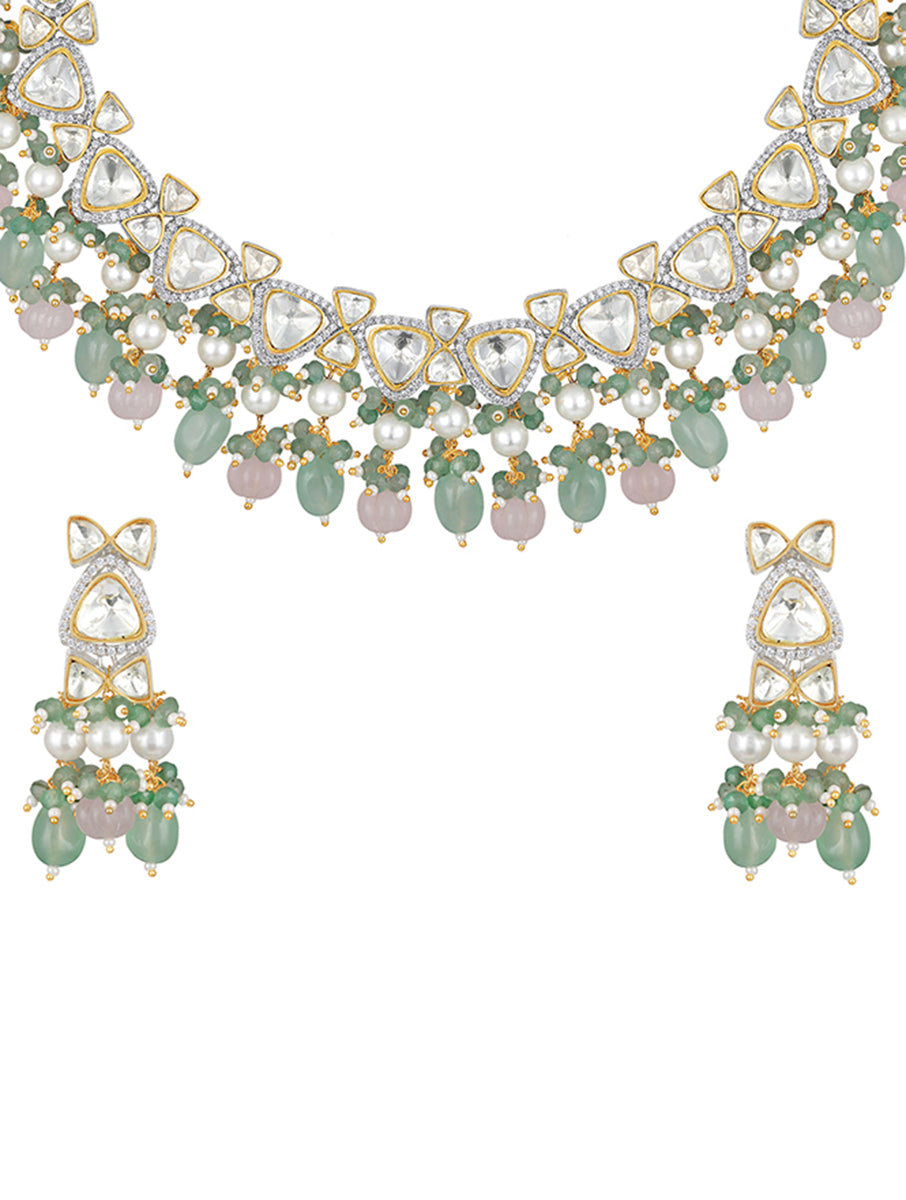 Gold polished brass Necklace with Onyx watermelon tumbles & Shell Pearls