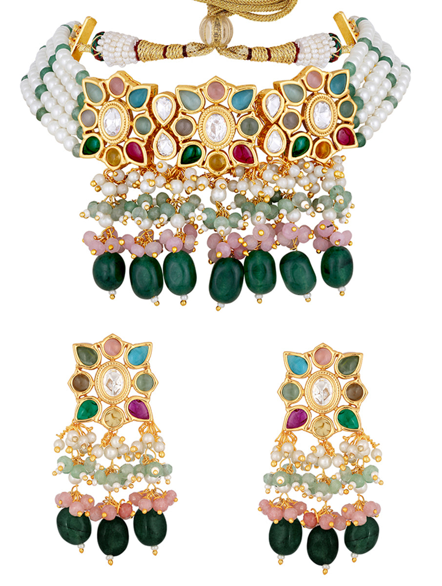 Gold polished brass Necklace with Kundan Polki, Shell Pearls & Onyx tumbles