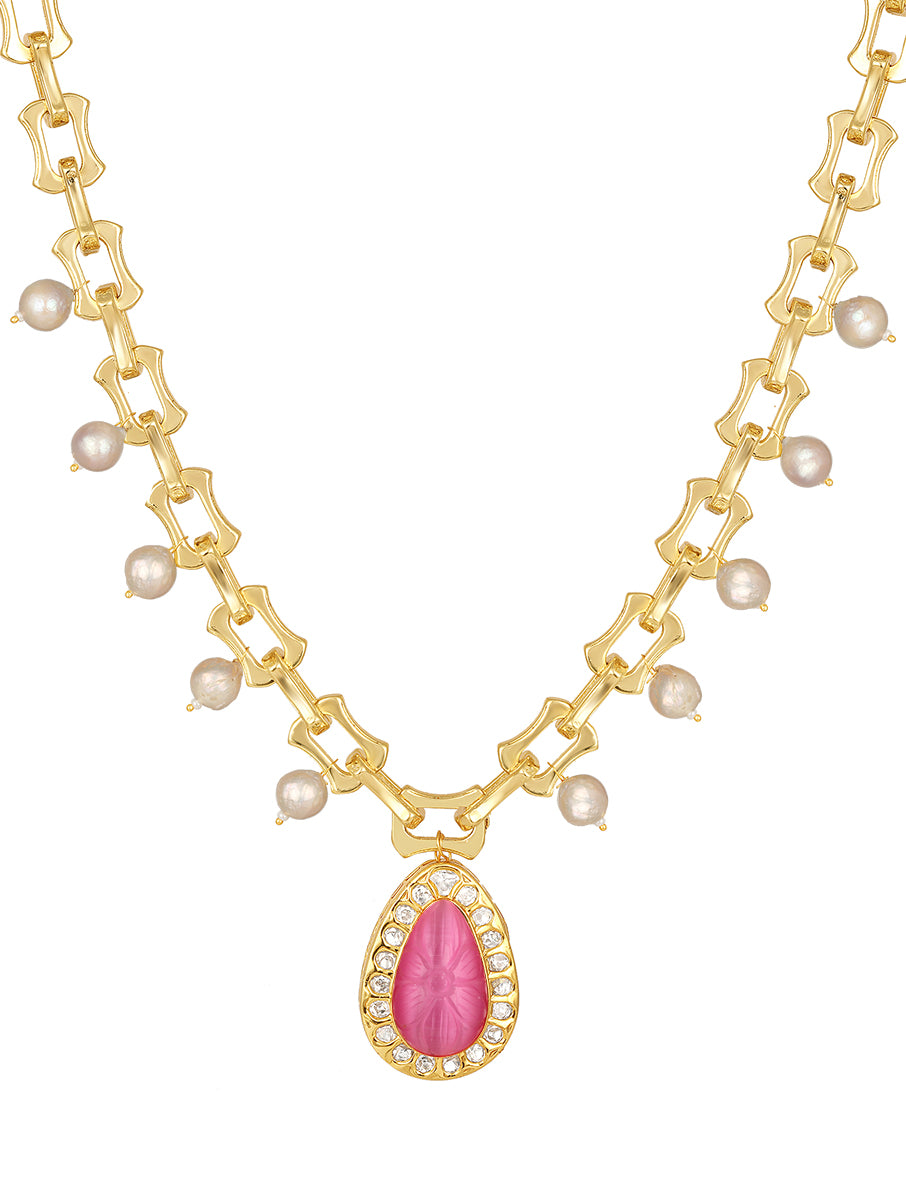Necklace with Gold polished, Onyx, Fresh water pearls & Kundan Polki