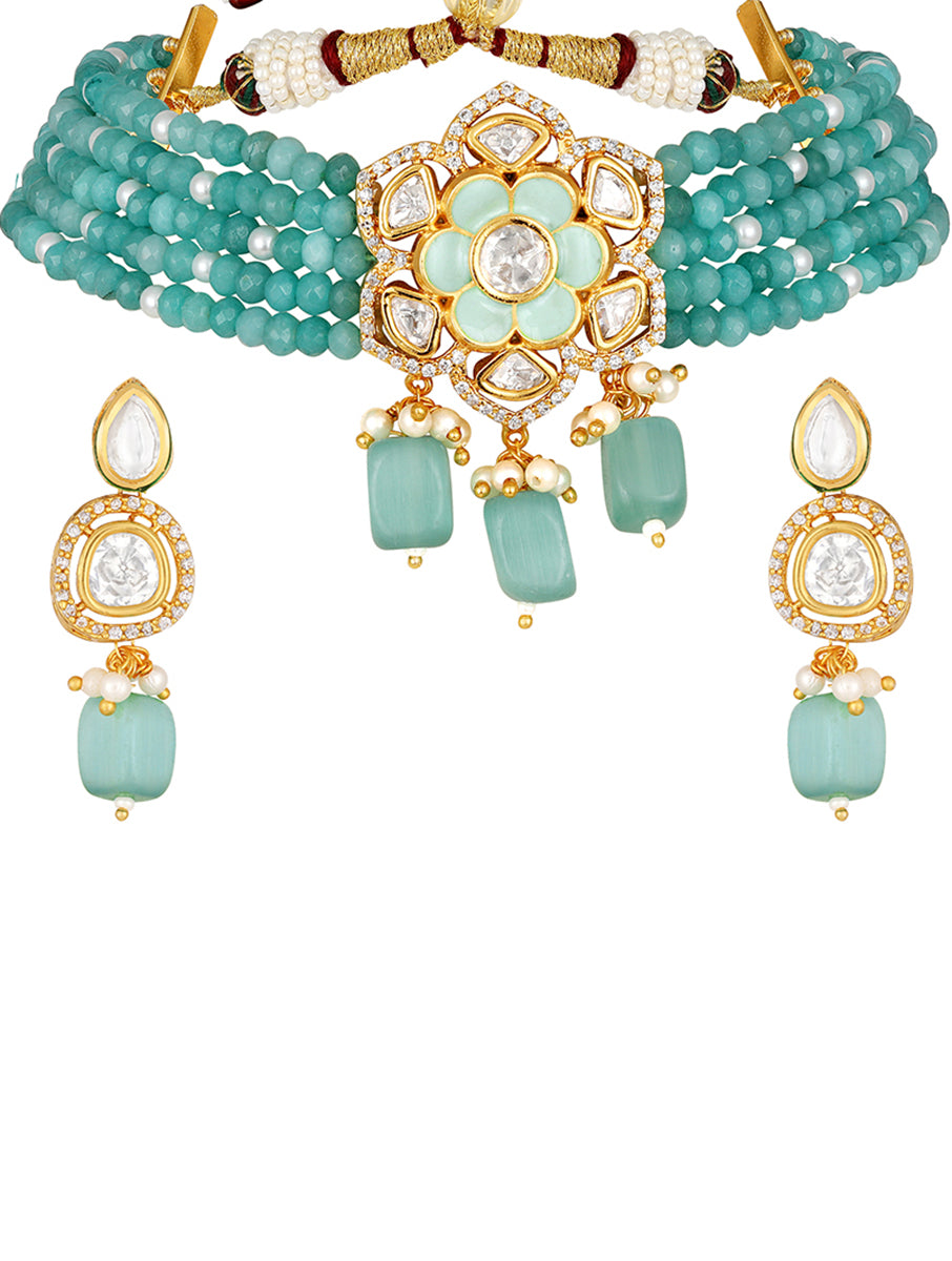 Golden polished Necklace with Kundan Polki, Agate, White Shell Pearls. Hand-Paint