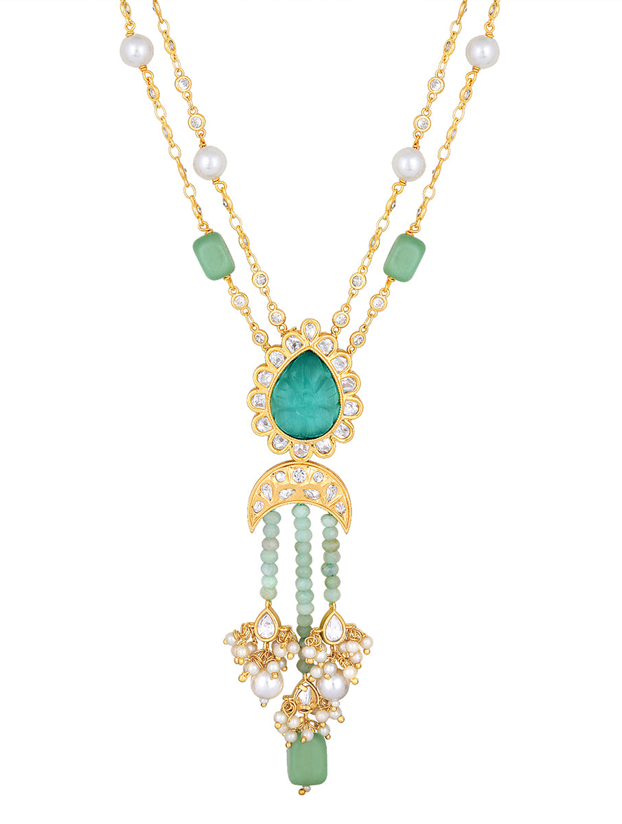 Golden polished brass Necklace with Kundan, & Onyx tumbles, Agate, Shell Pearls