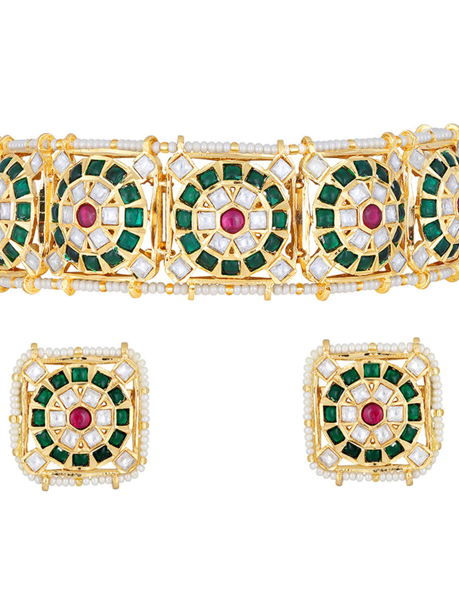 Necklace with Gold polished brass, Pearls, & Coloured Polki Stones