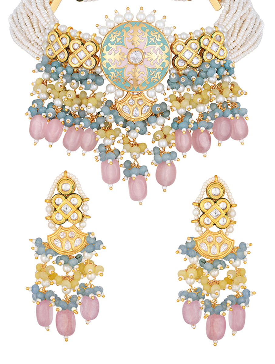 Golden polished brass Necklace with Agates, Pearls, & Onyx tumbles