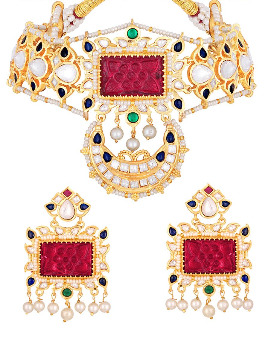 Golden polished brass Necklace with Agates, Kundan Polki & Carved onyx Shell Pearls