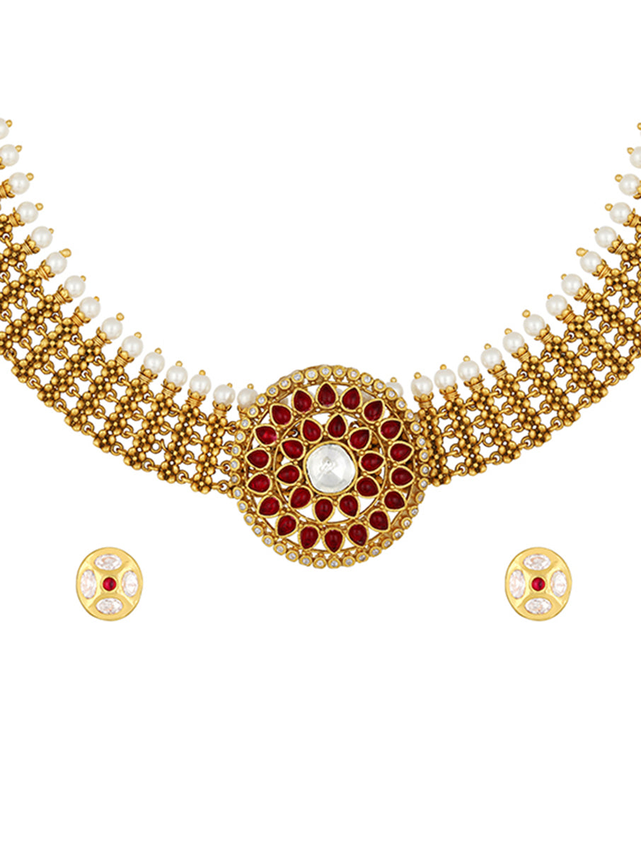 Micron gold polished Necklace with Golden Kundan, Pearls & Polki coloured stones